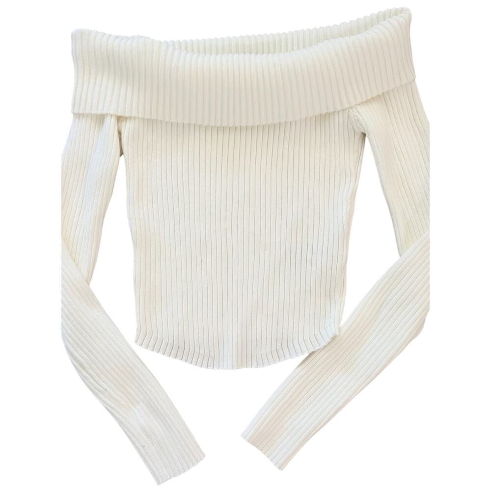 New Edikted White Ribbed Stretch Knit Off Shoulder Top L Womens Juniors